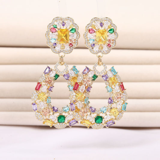 Retro design colored zircon flower-shaped earrings